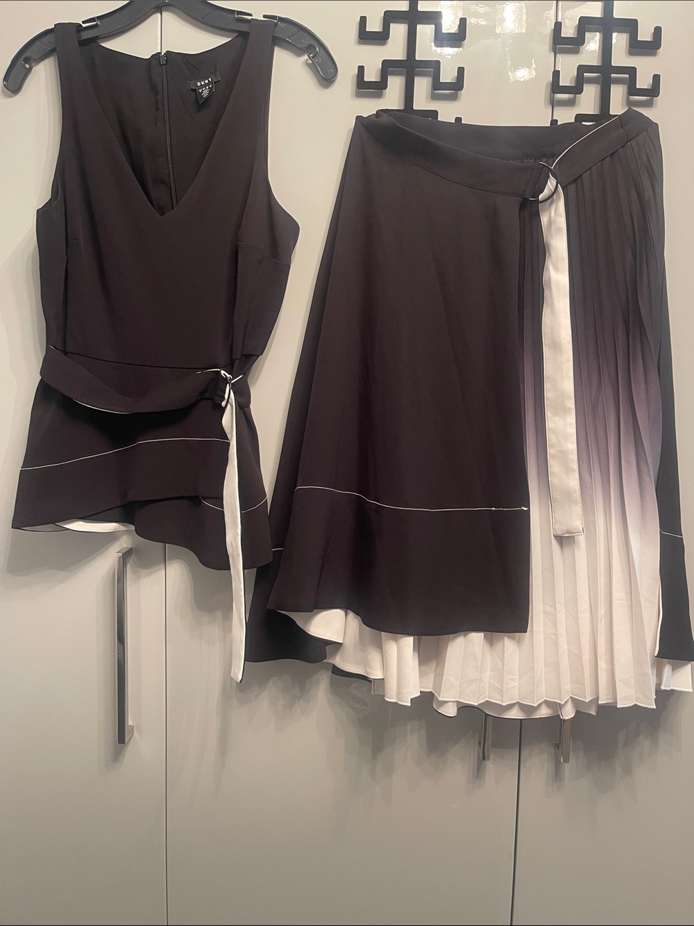 DKNY Black and White Wrap Pleated High-Low Skirt